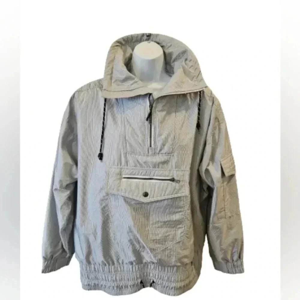 Ossi Skiwear Vintage Pullover Windbreaker Jacket Gray Striped Hooded Size M